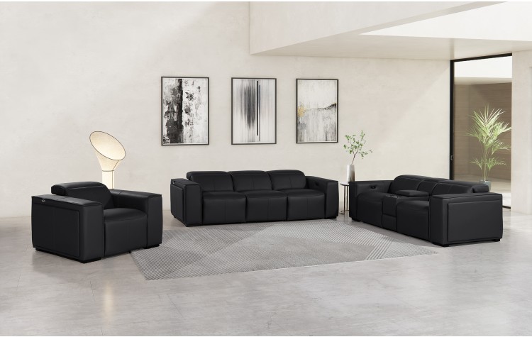 1224 - DivanItalia Black Modular Power Triple Reclining Sofa, Console Loveseat, and Chair Set with Power Headrests - Top Grain Italian Leather