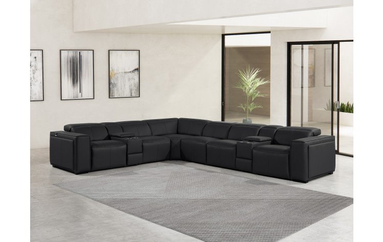 1224 - DivanItalia Black 8-Piece L-Shaped Modular Power Reclining Sectional with 4 Power Recliners and Power Headrests - Top Grain Italian Leather