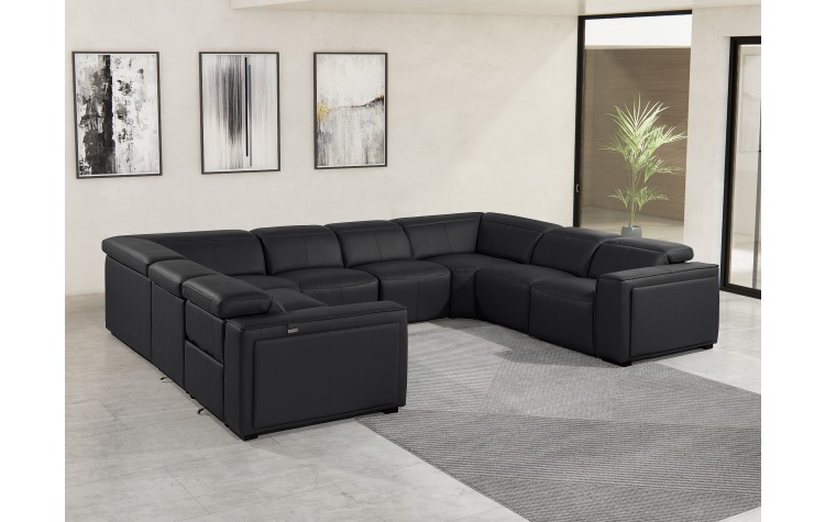 1224 - DivanItalia Black 8-Piece U-Shaped Modular Power Reclining Sectional with 4 Power Recliners and Power Headrests - Top Grain Italian Leather