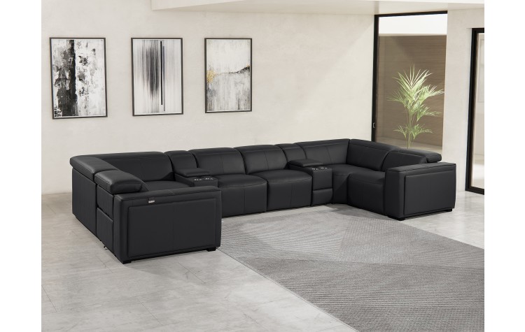 1224 - DivanItalia Black 8-Piece U-Shaped Modular Power Reclining Sectional with 4 Power Recliners and Power Headrests - No Console - Top Grain Italian Leather