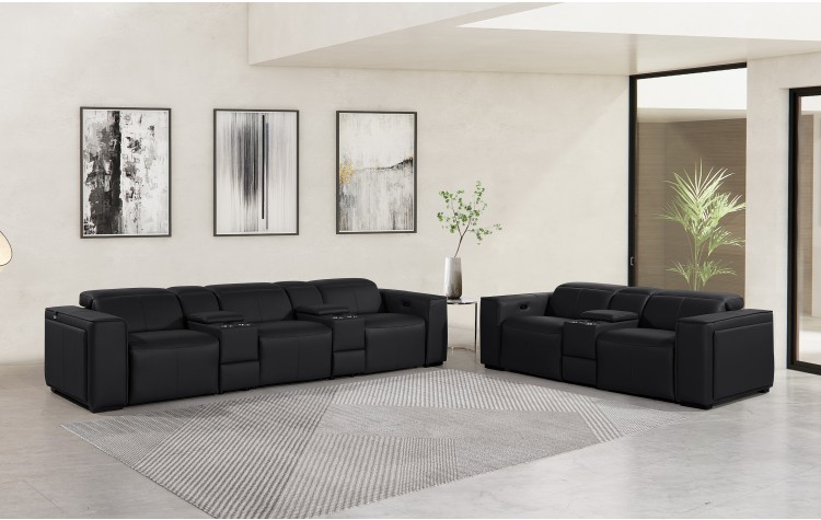 1224 - DivanItalia Black Modular Power Reclining Dual Console Sofa and Console Loveseat Set with Power Headrests - Top Grain Italian Leather