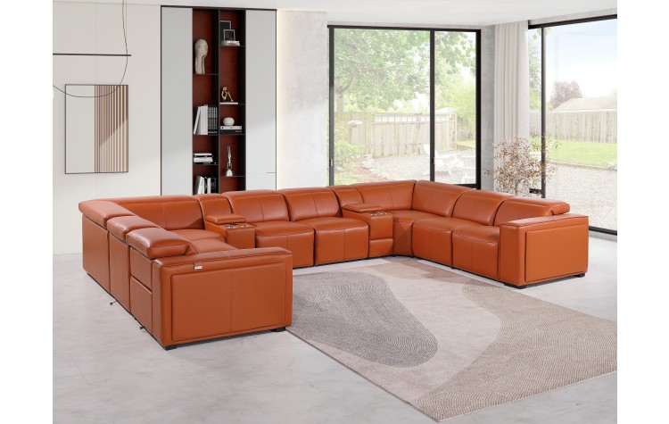 1224 - DivanItalia Camel 10-Piece U-Shaped Modular Power Reclining Sectional with 4 Power Recliners and Power Headrests - Top Grain Italian Leather