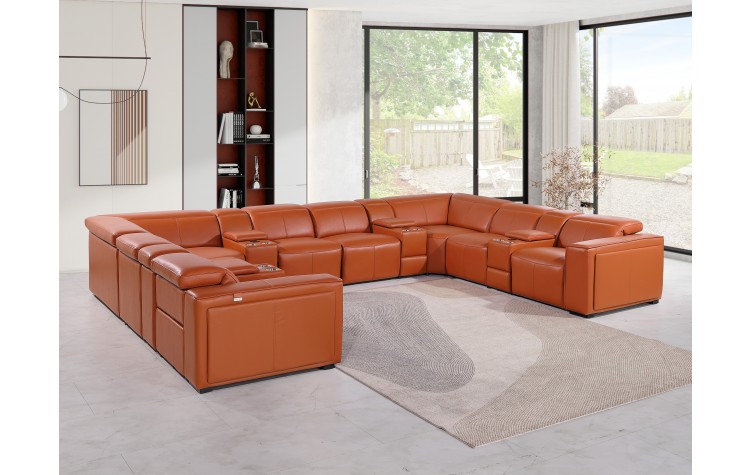 1224 - DivanItalia Camel 12-Piece U-Shaped Modular Power Reclining Sectional with 4 Power Recliners and Power Headrests - Top Grain Italian Leather