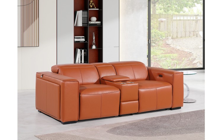 1224 - DivanItalia Camel Top Grain Italian Leather Console Loveseat with Power Headrest