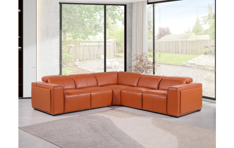 1224 - DivanItalia Camel 5-Piece L-Shaped Modular Power Reclining Sectional with Power Headrests - Top Grain Italian Leather