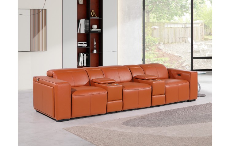 1224 - DivanItalia Camel Modular Power Triple Reclining Dual Console Sofa with Power Reclining Headrests - Top Grain Italian Leather