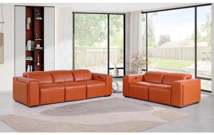 1224 - DivanItalia Camel Modular Power Dual Reclining Sofa and Loveseat Set with Power Headrests - Top Grain Italian Leather