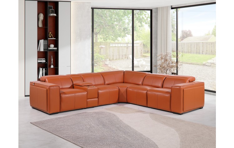 1224 - DivanItalia Camel 6-Piece L-Shaped Modular Power Reclining Sectional with 3 Power Recliners and Power Headrests - Top Grain Italian Leather