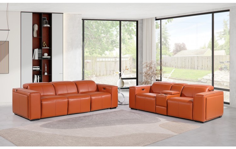 1224 - DivanItalia Camel Modular Power Triple Reclining Sofa and Console Loveseat Set with Power Headrests - Top Grain Italian Leather