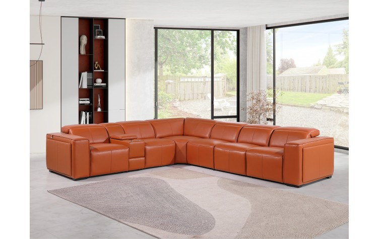 1224 - DivanItalia Camel 7-Piece L-Shaped Modular Power Reclining Sectional with 3 Power Recliners and Power Headrests - Top Grain Italian Leather