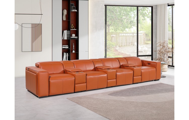1224 - DivanItalia Camel Modular Power Triple Reclining Triple Console Sofa with Power Reclining Headrests - Top Grain Italian Leather