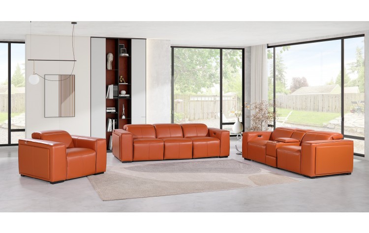 1224 - DivanItalia Camel Modular Power Dual Reclining Sofa, Console Loveseat, and Chair Set with Power Headrests - Top Grain Italian Leather