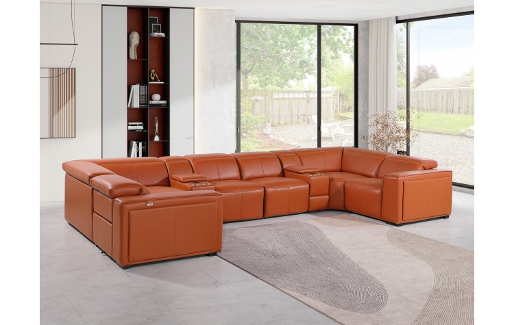 1224 - DivanItalia Camel 8-Piece U-Shaped Modular Power Reclining Sectional with 2 Power Recliners and Power Headrests - Top Grain Italian Leather