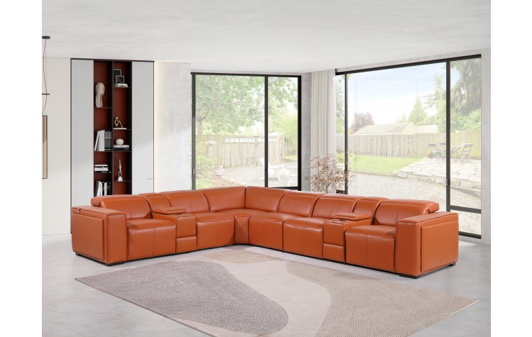 1224 - DivanItalia Camel 8-Piece L-Shaped Modular Power Reclining Sectional with 4 Power Recliners and Power Headrests - Top Grain Italian Leather