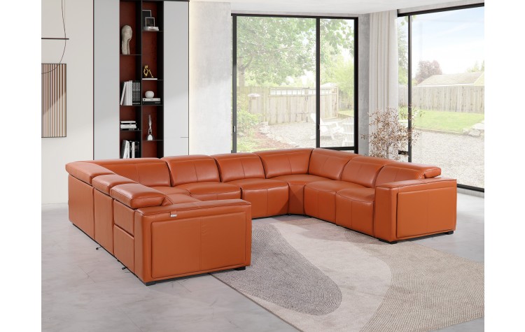1224 - DivanItalia Camel 8-Piece U-Shaped Modular Power Reclining Sectional with 4 Power Recliners and Power Headrests - No Console - Top Grain Italian Leather
