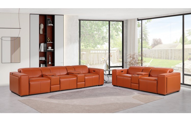 1224 - DivanItalia Camel Modular Power Reclining Dual Console Sofa and Console Loveseat Set with Power Headrests - Top Grain Italian Leather