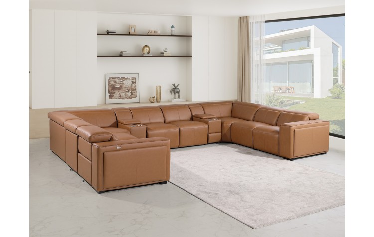 1224 - DivanItalia Cognac 10-Piece U-Shaped Modular Power Reclining Sectional with 4 Power Recliners and Power Headrests - Top Grain Italian Leather