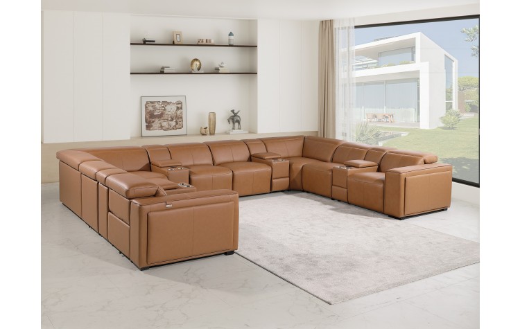 1224 - DivanItalia Cognac 12-Piece U-Shaped Modular Power Reclining Sectional with 4 Power Recliners and Power Headrests - Top Grain Italian Leather