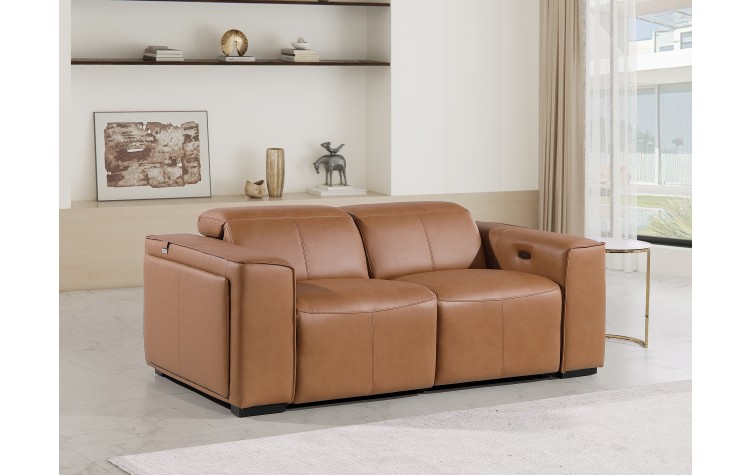 1224 - DivanItalia Cognac Top Grain Italian Leather Loveseat with Power Headrest