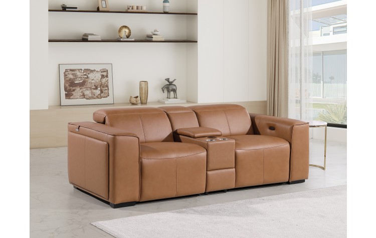 1224 - DivanItalia Cognac Top Grain Italian Leather Console Loveseat with Power Headrest