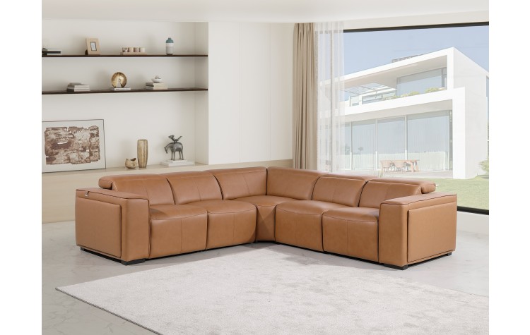 1224 - DivanItalia Cognac 5-Piece L-Shaped Modular Power Reclining Sectional with Power Headrests - Top Grain Italian Leather