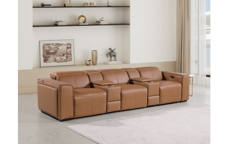1224 - DivanItalia Cognac Modular Power Triple Reclining Dual Console Sofa with Power Reclining Headrests - Top Grain Italian Leather