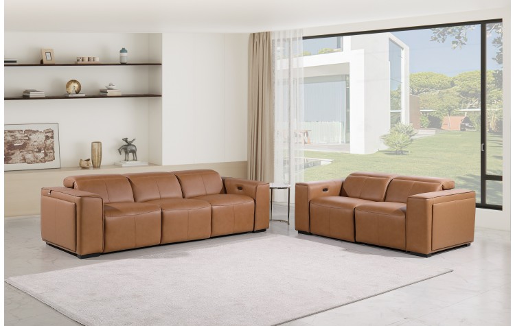 1224 - DivanItalia Cognac Modular Power Dual Reclining Sofa and Loveseat Set with Power Headrests - Top Grain Italian Leather