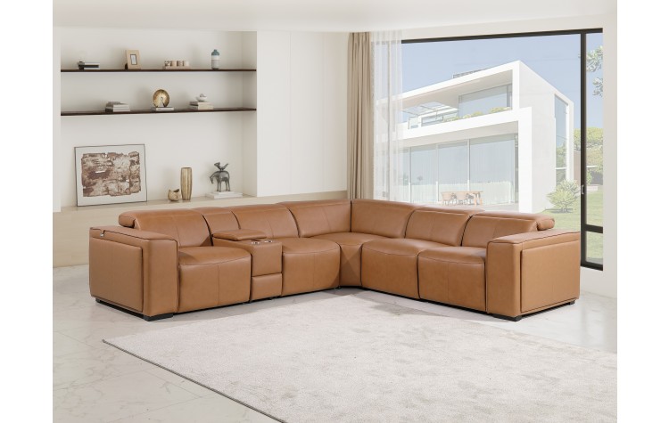 1224 - DivanItalia Cognac 6-Piece L-Shaped Modular Power Reclining Sectional with 3 Power Recliners and Power Headrests - Top Grain Italian Leather