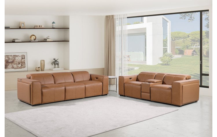 1224 - DivanItalia Cognac Modular Power Triple Reclining Sofa and Console Loveseat Set with Power Headrests - Top Grain Italian Leather