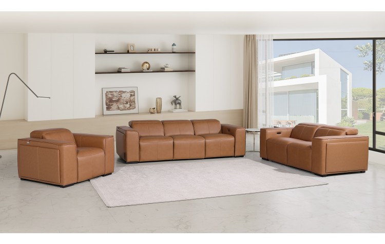 1224 - DivanItalia Cognac Modular Power Triple Reclining Sofa, Loveseat, and Chair Set with Power Headrests - Top Grain Italian Leather
