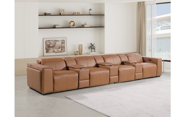 1224 - DivanItalia Cognac Modular Power Triple Reclining Triple Console Sofa with Power Reclining Headrests - Top Grain Italian Leather