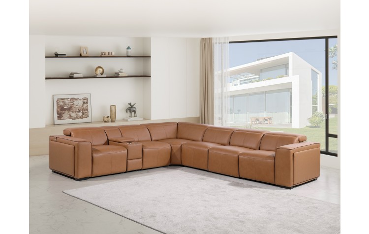 1224 - DivanItalia Cognac 7-Piece L-Shaped Modular Power Reclining Sectional with 4 Power Recliners and Power Headrests - Top Grain Italian Leather