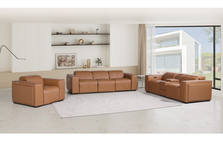 1224 - DivanItalia Cognac Modular Power Triple Reclining Sofa, Console Loveseat, and Chair Set with Power Headrests - Top Grain Italian Leather