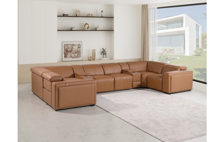 1224 - DivanItalia Cognac 8-Piece U-Shaped Modular Power Reclining Sectional with 2 Power Recliners and Power Headrests - Top Grain Italian Leather