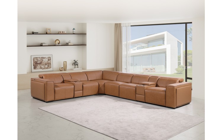 1224 - DivanItalia Cognac 8-Piece L-Shaped Modular Power Reclining Sectional with 4 Power Recliners and Power Headrests - Top Grain Italian Leather