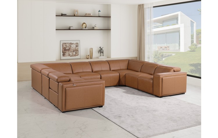 1224 - DivanItalia Cognac 8-Piece U-Shaped Modular Power Reclining Sectional with 4 Power Recliners and Power Headrests - No Console - Top Grain Italian Leather