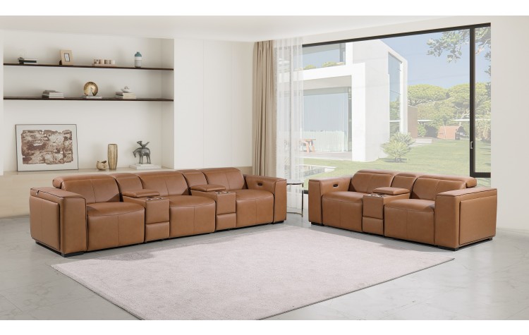 1224 - DivanItalia Cognac Modular Power Reclining Dual Console Sofa and Console Loveseat Set with Power Headrests - Top Grain Italian Leather