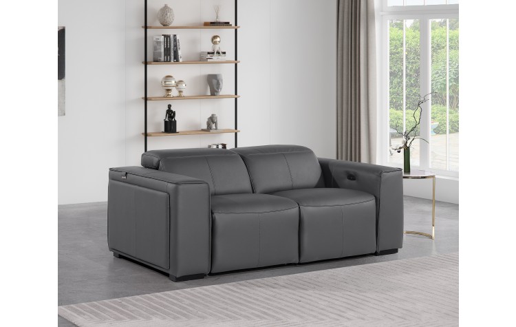1224 - DivanItalia Dark Grey Top Grain Italian Leather Loveseat with Power Headrest