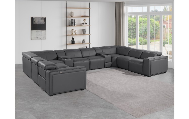 1224 - DivanItalia Dark Grey 10-Piece U-Shaped Modular Power Reclining Sectional with 4 Power Recliners and Power Headrests - Top Grain Italian Leather