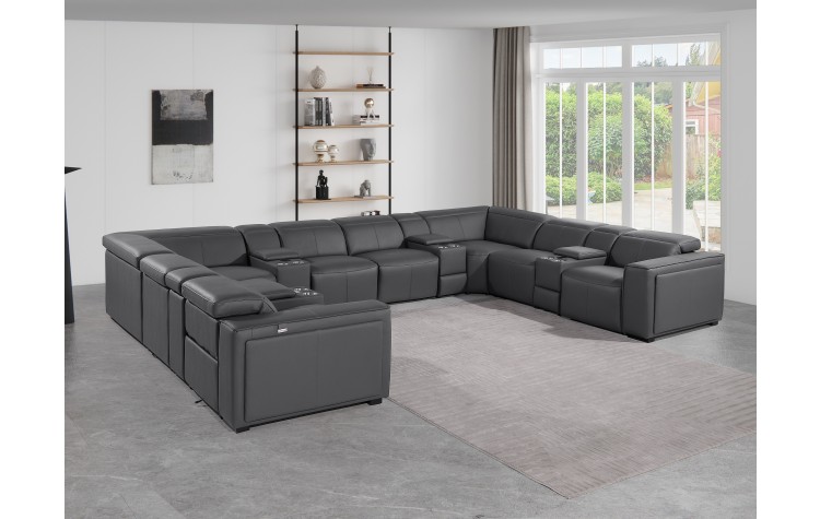 1224 - DivanItalia Dark Grey 12-Piece U-Shaped Modular Power Reclining Sectional with 4 Power Recliners and Power Headrests - Top Grain Italian Leather