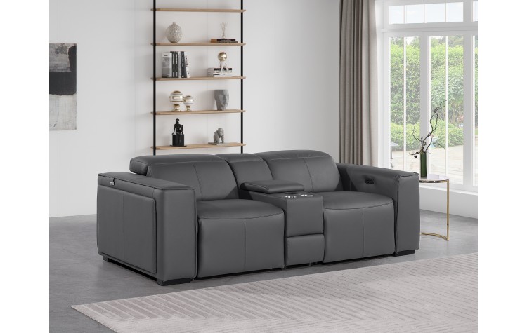 1224 - DivanItalia Dark Grey Top Grain Italian Leather Console Loveseat with Power Headrest