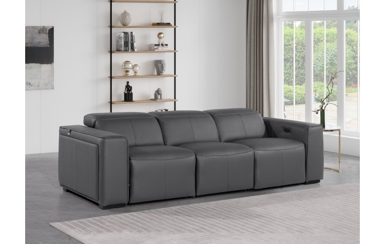 1224 - DivanItalia Dark Grey Modular Power Dual Reclining Sofa with Power Reclining Headrests - Top Grain Italian Leather