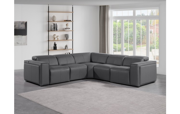 1224 - DivanItalia Dark Grey 5-Piece L-Shaped Modular Power Reclining Sectional with Power Headrests - Top Grain Italian Leather