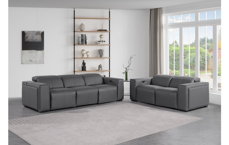 1224 - DivanItalia Dark Grey Modular Power Dual Reclining Sofa and Loveseat Set with Power Headrests - Top Grain Italian Leather