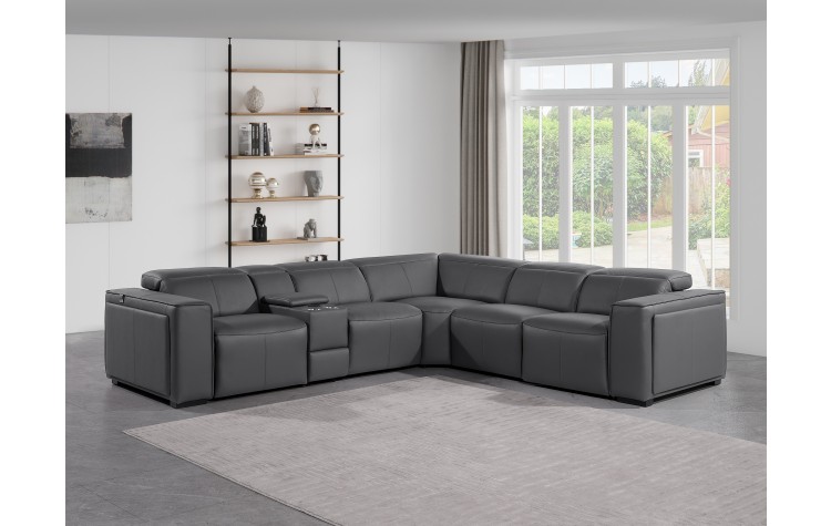 1224 - DivanItalia Dark Grey 6-Piece L-Shaped Modular Power Reclining Sectional with 3 Power Recliners and Power Headrests - Top Grain Italian Leather