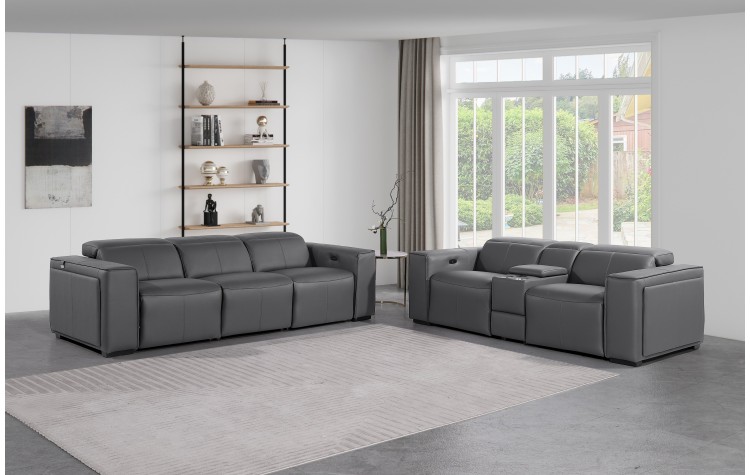 1224 - DivanItalia Dark Grey Modular Power Triple Reclining Sofa and Console Loveseat Set with Power Headrests - Top Grain Italian Leather