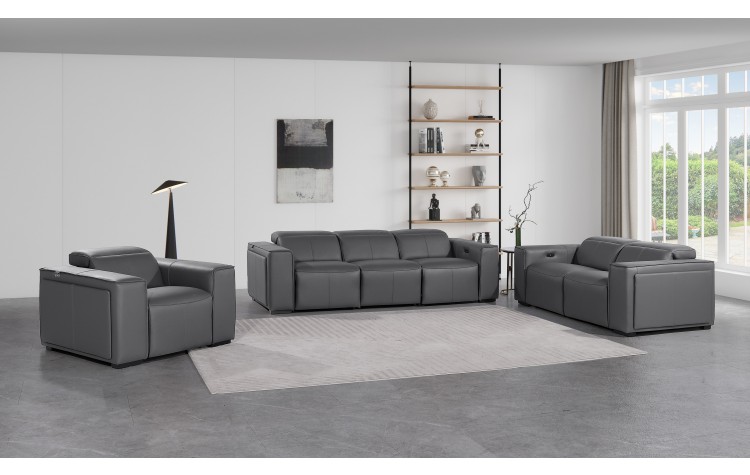 1224 - DivanItalia Dark Grey Modular Power Triple Reclining Sofa, Loveseat, and Chair Set with Power Headrests - Top Grain Italian Leather
