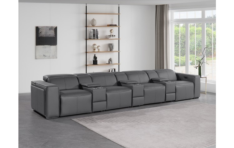 1224 - DivanItalia Dark Grey Modular Power Triple Reclining Triple Console Sofa with Power Reclining Headrests - Top Grain Italian Leather