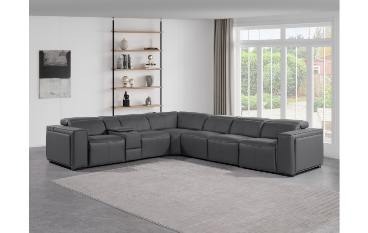 1224 - DivanItalia Dark Grey 7-Piece L-Shaped Modular Power Reclining Sectional with 4 Power Recliners and Power Headrests - Top Grain Italian Leather