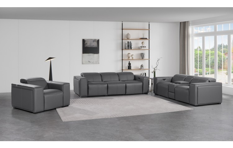 1224 - DivanItalia Dark Grey Modular Power Triple Reclining Sofa, Console Loveseat, and Chair Set with Power Headrests - Top Grain Italian Leather